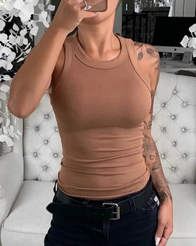 Women Solid Round Neck Ribbed Tank Top Camisole Women Summer Basic Elastic Tank Top O Neck Solid Tank Top Shakespare