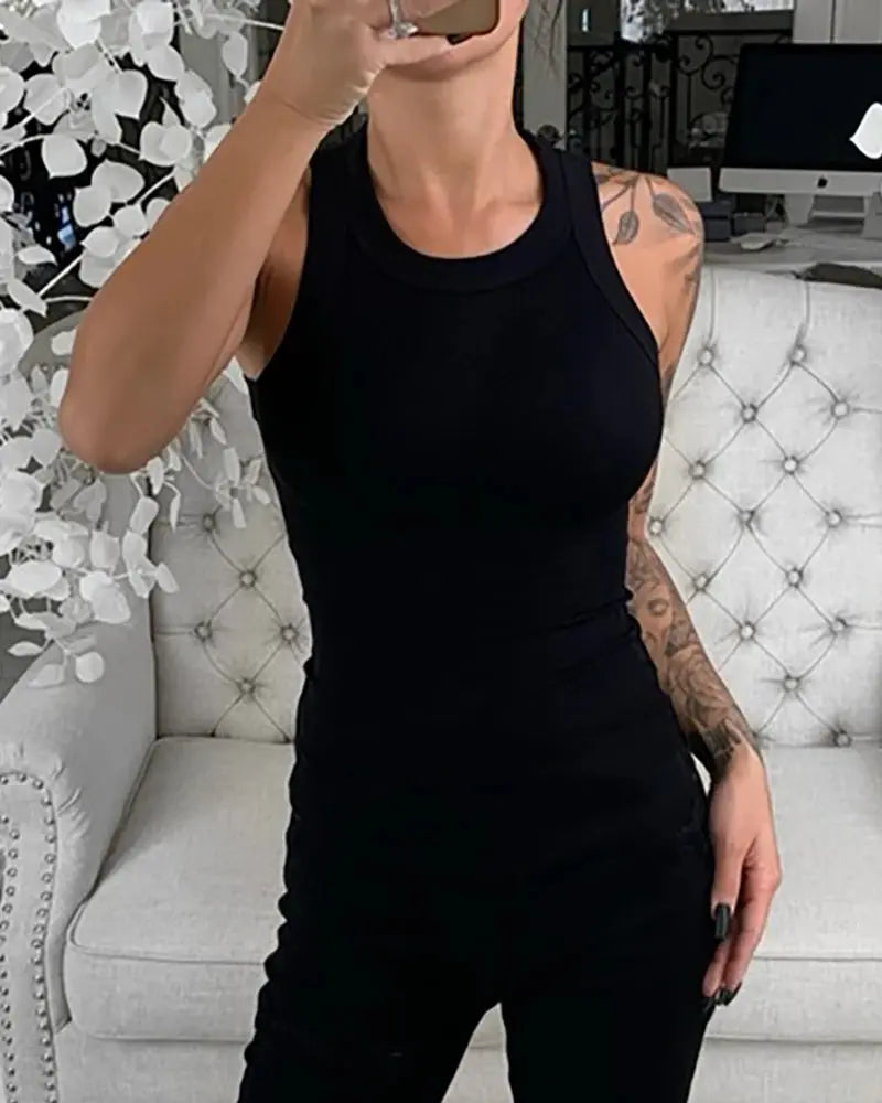 Women Solid Round Neck Ribbed Tank Top Camisole Women Summer Basic Elastic Tank Top O Neck Solid Tank Top Shakespare