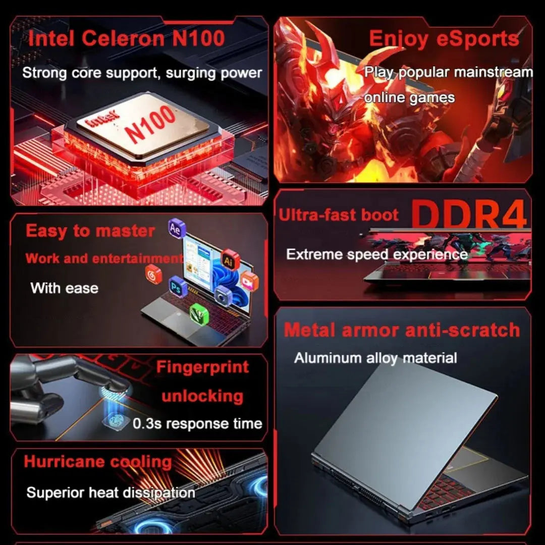 Intel N100 Laptops 16 INCH 16GB RAM 2TB SSD Notbook Computer Windows11 Fingerprint Unlock 180 ° Opening and Closing Laptop Shakespare