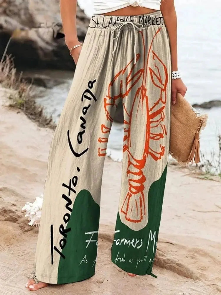 Fashion Print Loose Pants For Women Casual Mid Waist Wide Leg Long Pants Lady Holiday Beach Streetwear Womens Clothing Spring Shakespare