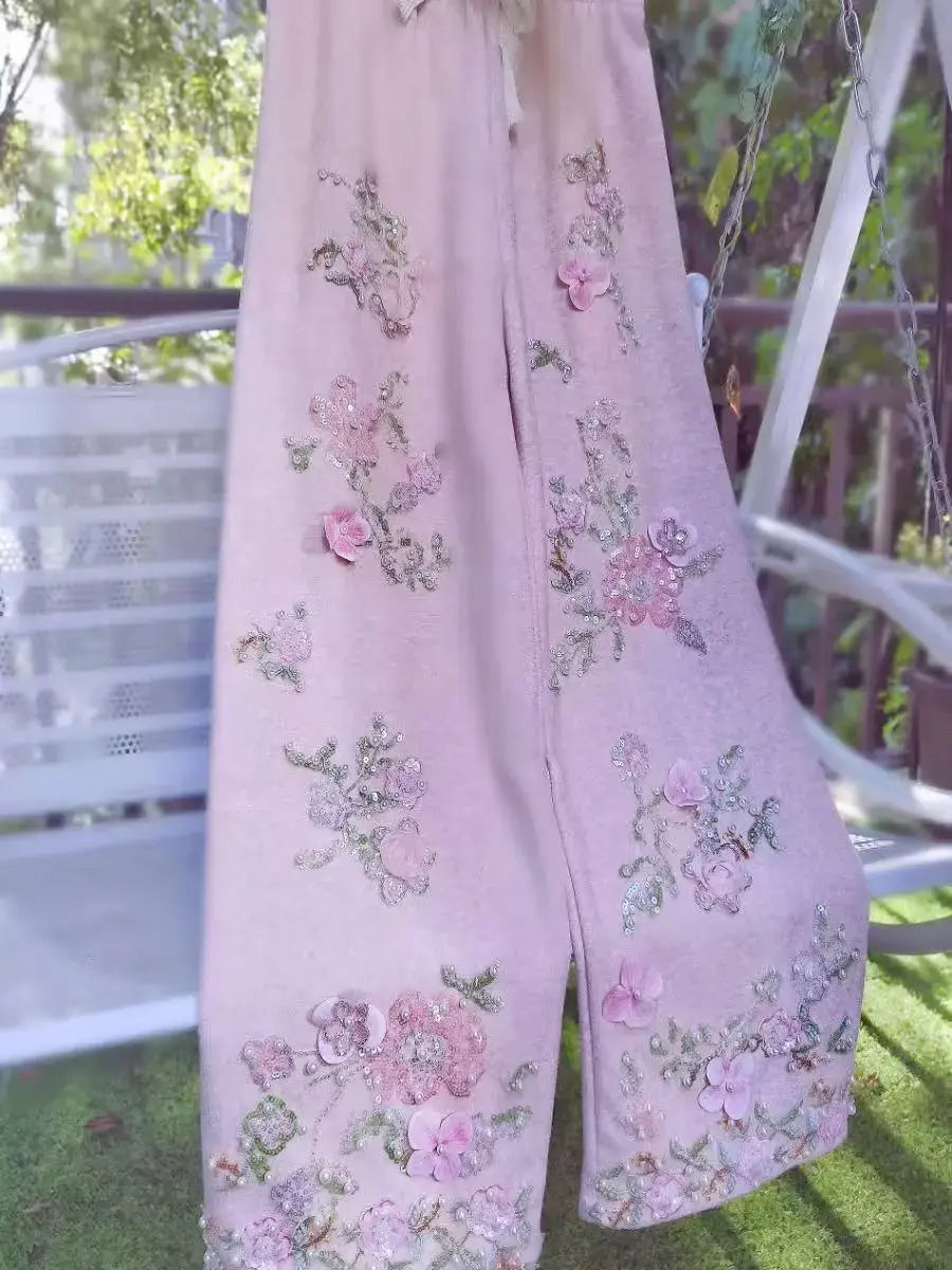 Thick Fleece Pant Heavy Industry Embroidered Flares Long Pants Women Trousers Winter Autumn Sweet Pink Pant Woman Clothing Shakespare