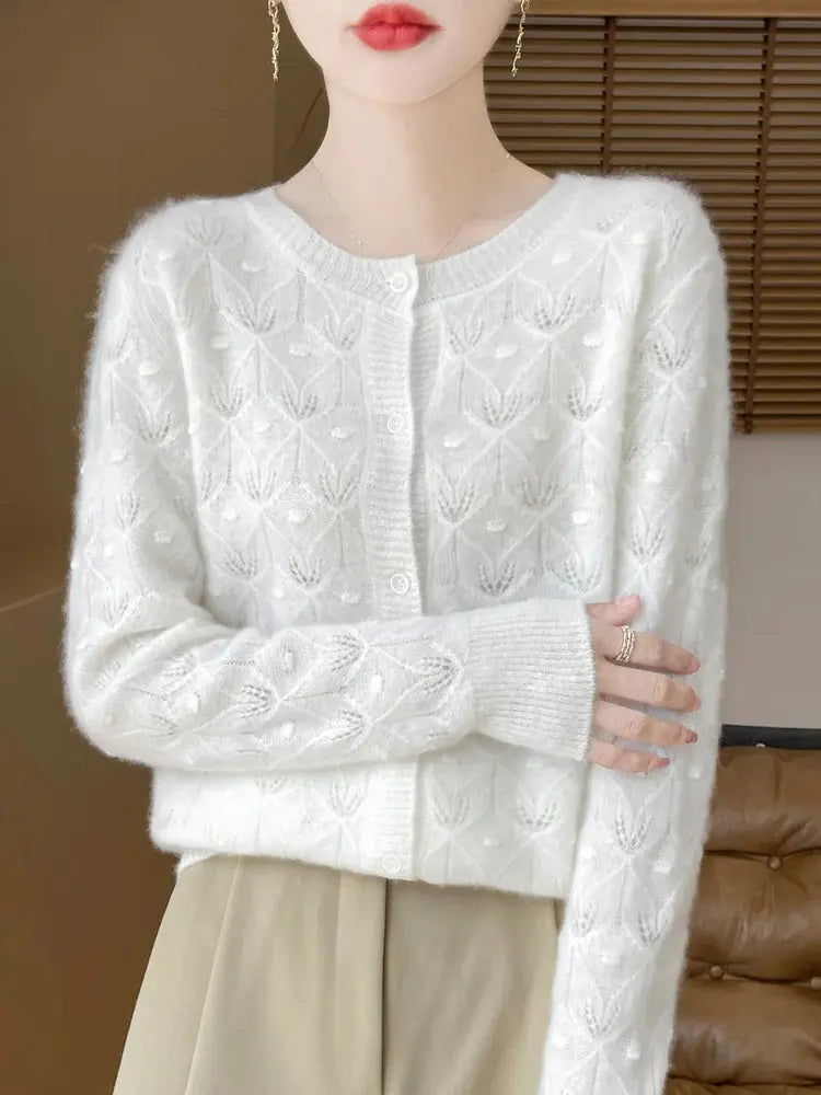 New Autumn Winter Women Basis Sweater Hollow Cardigan 100% Merino Wool Knitwear Female O-Neck Soft Casual Fashion Top Shakespare
