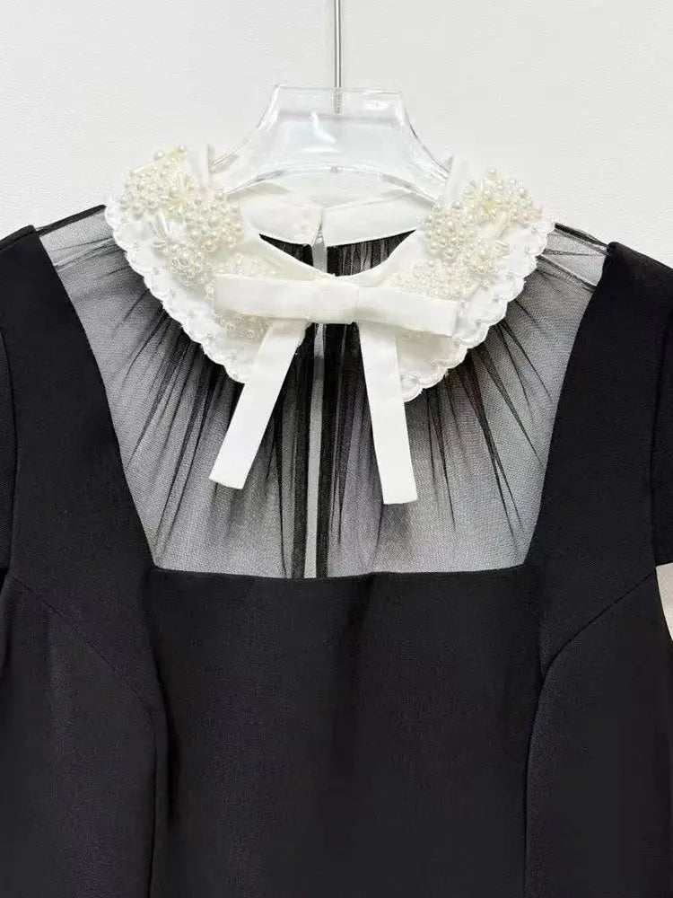 2026 Spring Summer Fashion Classic Contrast Color Lapel Dress Women Elegant Bow High Waist Short Sleeve Slim Black Robe Ladies Shakespare