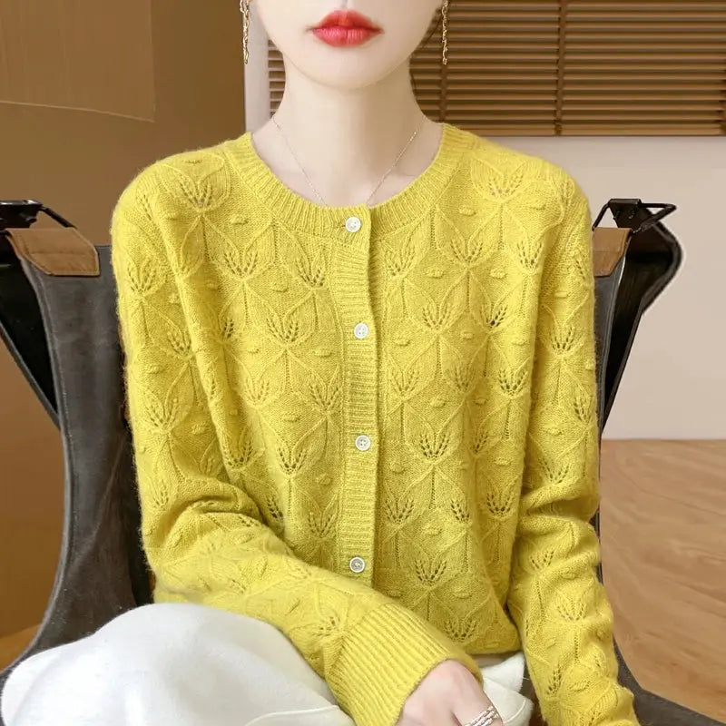 New Autumn Winter Women Basis Sweater Hollow Cardigan 100% Merino Wool Knitwear Female O-Neck Soft Casual Fashion Top Shakespare