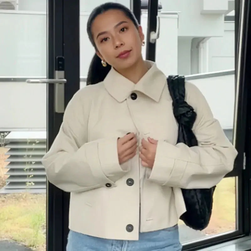 HXAO Waterproof Crop Jacket Women's Jacket Autumn 2025 Casual Beige Short Windbreaker Long Sleeve Outerwears Button Trench Coat Shakespare