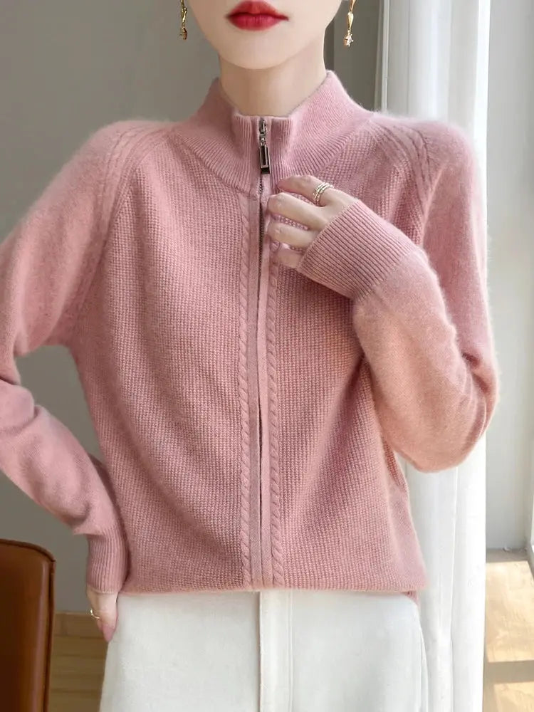 YTFidio 100% Wool Women Zipper Sweater Wool Knitting Sweater Turtleneck Zipper Cardigan Casual Loose Top Thickening Sweater 171 Shakespare