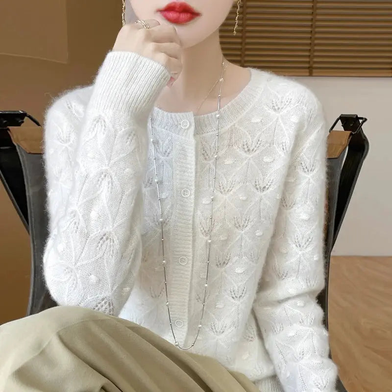 New Autumn Winter Women Basis Sweater Hollow Cardigan 100% Merino Wool Knitwear Female O-Neck Soft Casual Fashion Top Shakespare