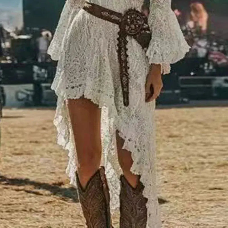 Woman Sexy Hollow V Neck Jacquard Lace Dress Retro Solid Embroidery Crochet Party Dress Fall Long Sleeve Ruffles Irregular Dress Shakespare
