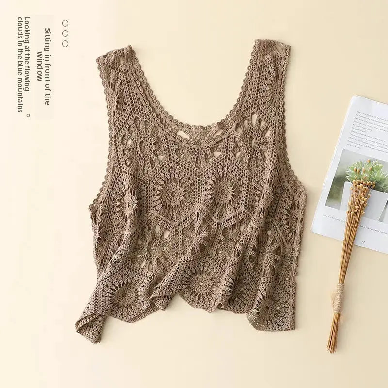 Retro Floral Lace Hollow out Ladies Vest Svel Oversize Loose Pullover Cotton ort H-ape Bal Tank Top for Women Shakespare