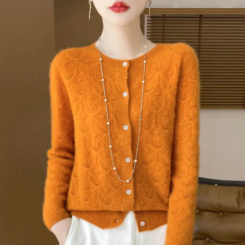 New Autumn Winter Women Basis Sweater Hollow Cardigan 100% Merino Wool Knitwear Female O-Neck Soft Casual Fashion Top Shakespare