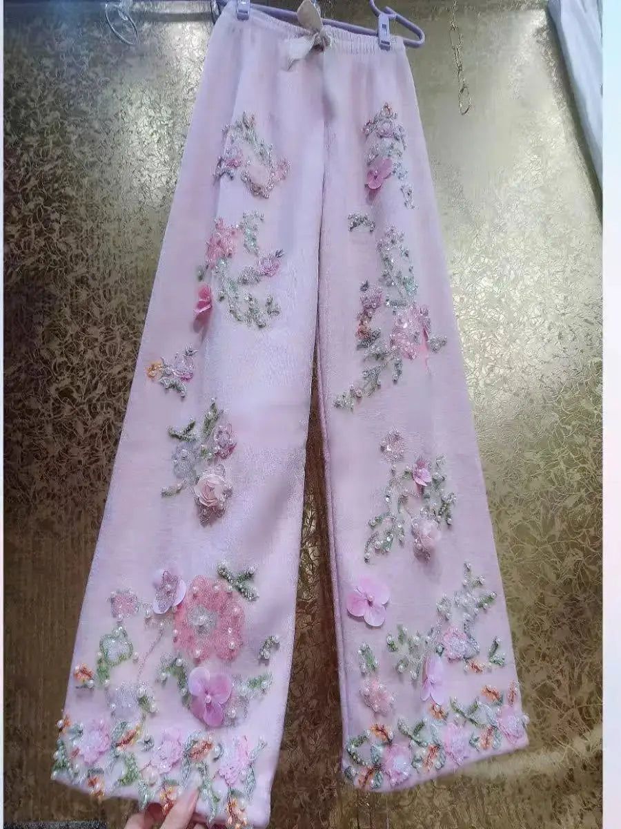 Thick Fleece Pant Heavy Industry Embroidered Flares Long Pants Women Trousers Winter Autumn Sweet Pink Pant Woman Clothing Shakespare