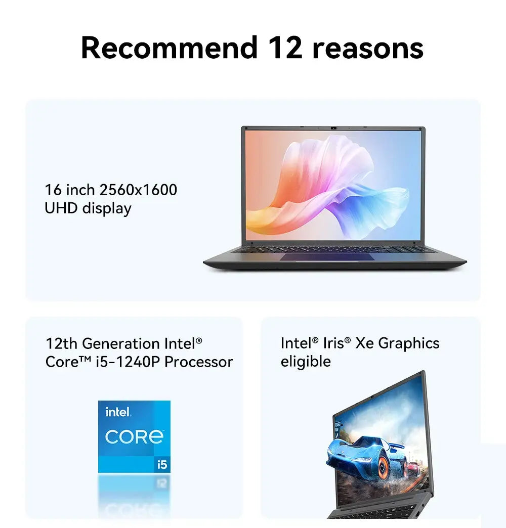 16 Inch Laptop with Intel Core i5 1240P 2.5K IPS Display Windows 11 Notebook Portable Adreamer Laptop 16GB RAM 1TB ROM SSD Shakespare