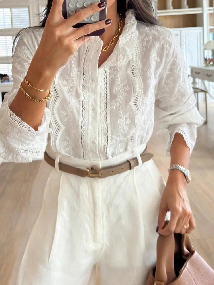 2025 Autumn New Arrivals Early Autumn New Arrivals Bohemian Style Openwork Embroidered Stand Collar Long-Sleeved Shirt Shakespare