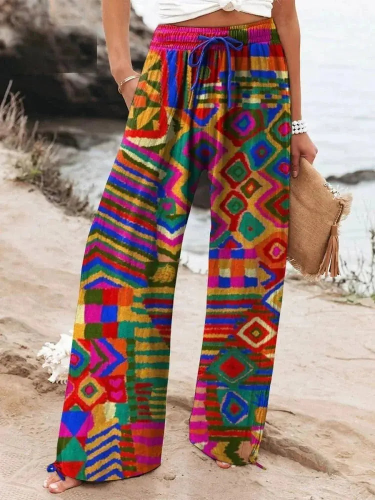 Fashion Print Loose Pants For Women Casual Mid Waist Wide Leg Long Pants Lady Holiday Beach Streetwear Womens Clothing Spring Shakespare