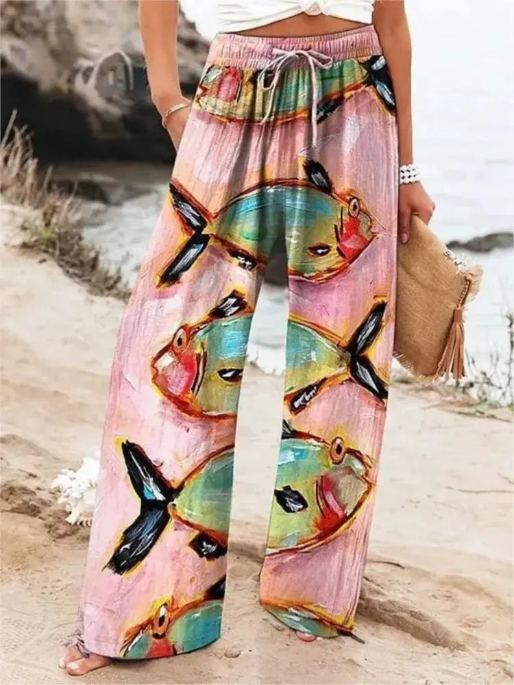 Fashion Print Loose Pants For Women Casual Mid Waist Wide Leg Long Pants Lady Holiday Beach Streetwear Womens Clothing Spring Shakespare
