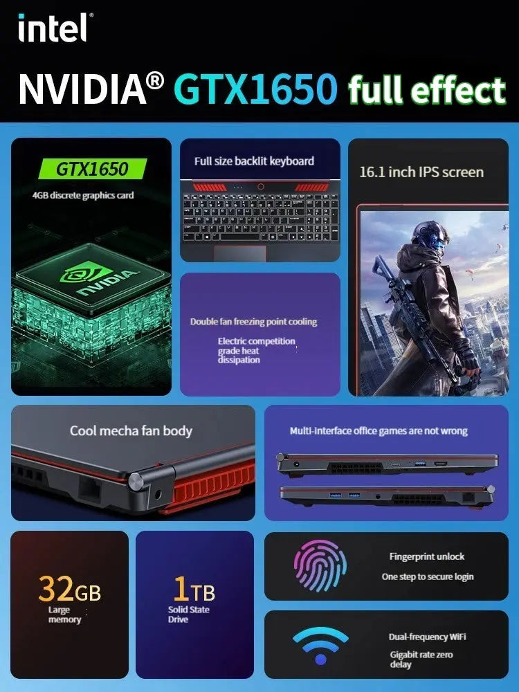 2025 New Gaming Laptop Computer Intel Core i9-10885H i7 8750H GTX1650 4G 16.1 Inch IPS Screen RAM Max 64GB 2*DDR4 2*M.2 NVMe Shakespare