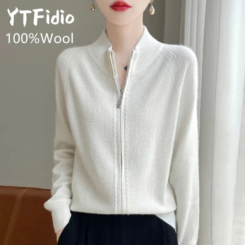 YTFidio 100% Wool Women Zipper Sweater Wool Knitting Sweater Turtleneck Zipper Cardigan Casual Loose Top Thickening Sweater 171 Shakespare