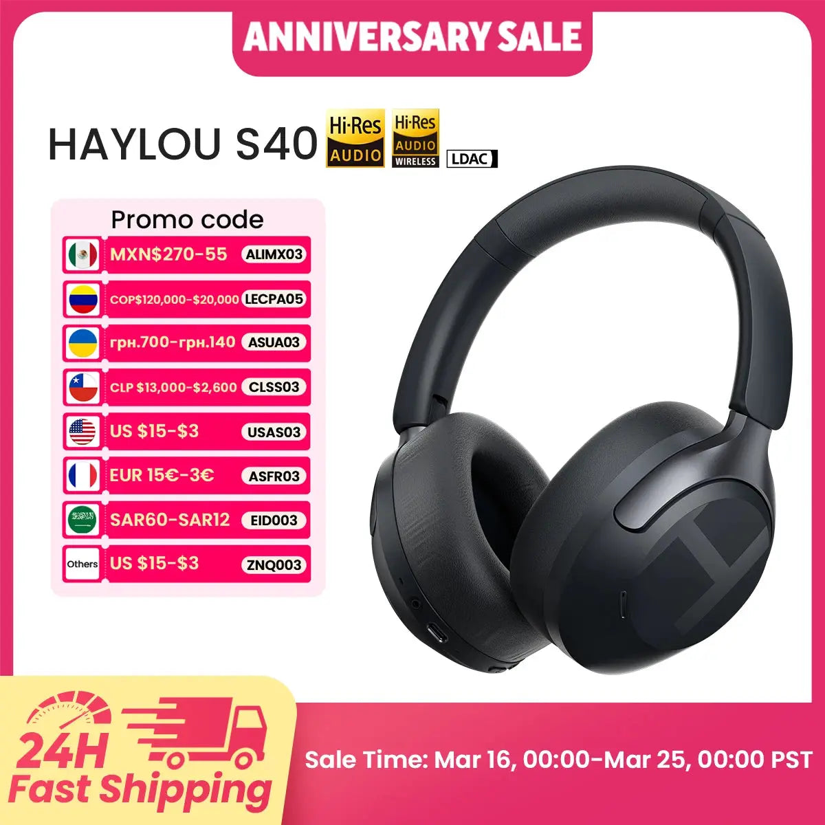 HAYLOU S40 ANC Wireless Headphone 50dB Noise Canceling Hi-Res 3D Spatial Audio Earphone with LDAC Bluetooth 6.0 Over Ear Headset Shakespare