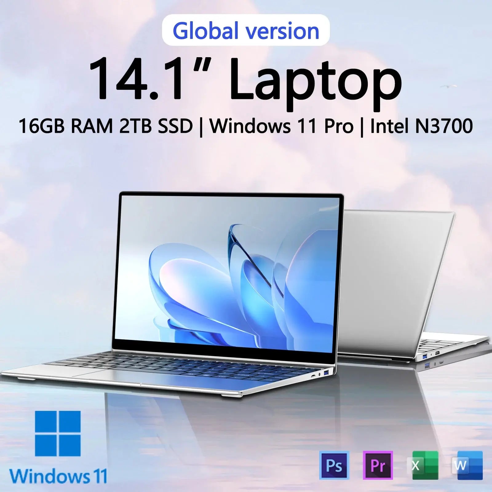 New Ultra Slim Laptop 14.1" 16GB RAM 2TB SSD Intel N3700 Gaming PC 1920*1080 Display Office Study Computer PC Windows 11 Pro Shakespare