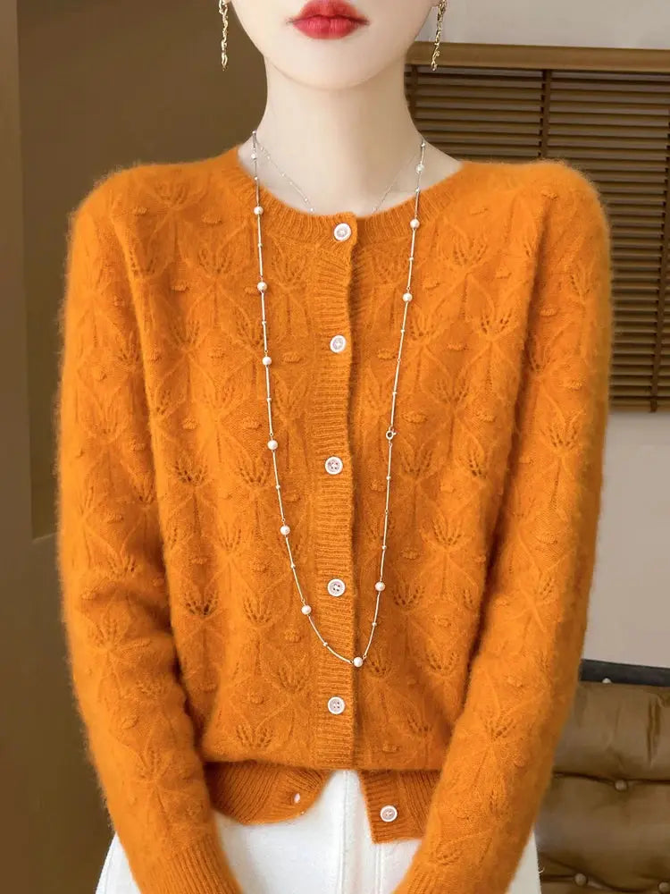 New Autumn Winter Women Basis Sweater Hollow Cardigan 100% Merino Wool Knitwear Female O-Neck Soft Casual Fashion Top Shakespare