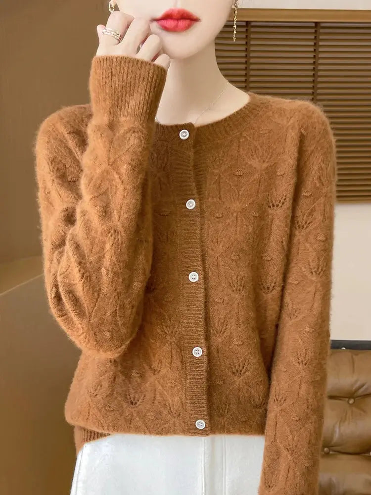 New Autumn Winter Women Basis Sweater Hollow Cardigan 100% Merino Wool Knitwear Female O-Neck Soft Casual Fashion Top Shakespare