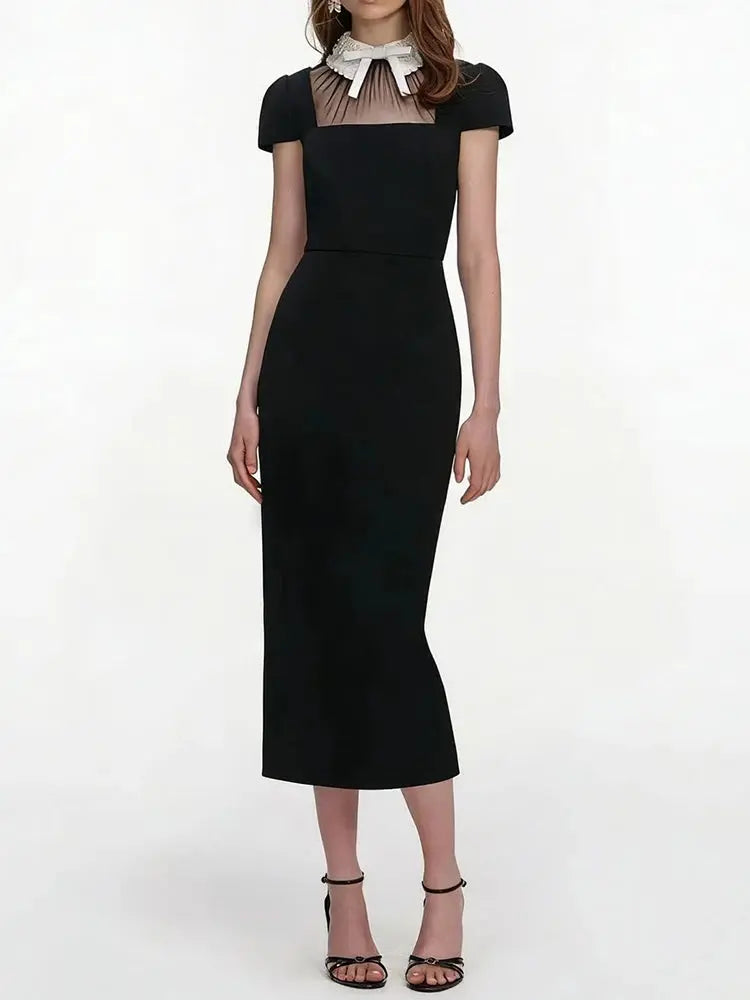 2026 Spring Summer Fashion Classic Contrast Color Lapel Dress Women Elegant Bow High Waist Short Sleeve Slim Black Robe Ladies Shakespare