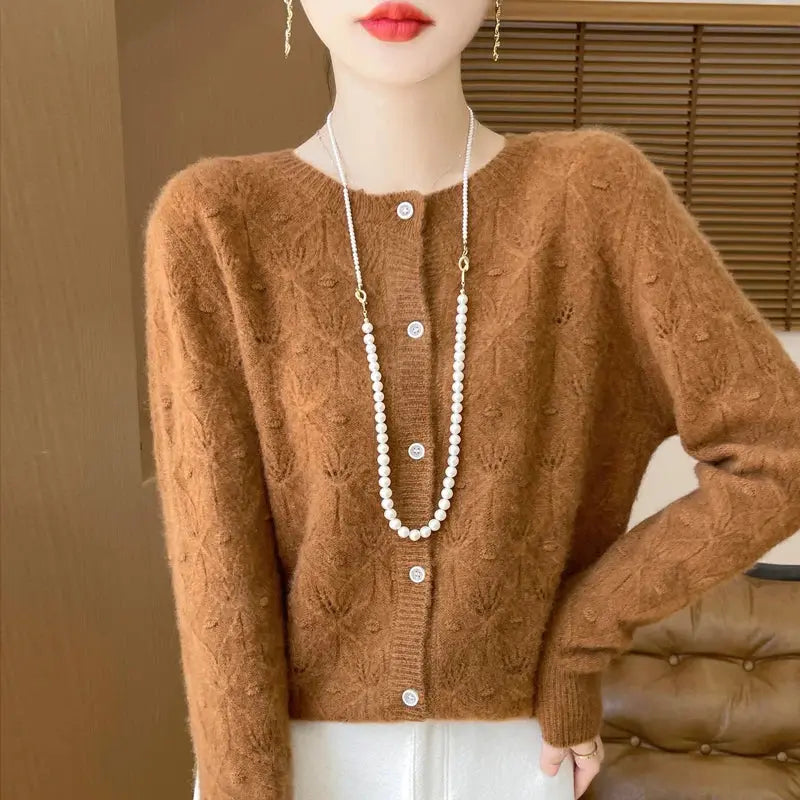 New Autumn Winter Women Basis Sweater Hollow Cardigan 100% Merino Wool Knitwear Female O-Neck Soft Casual Fashion Top Shakespare