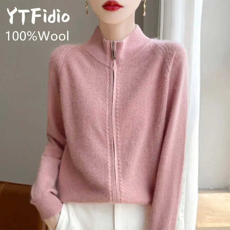 YTFidio 100% Wool Women Zipper Sweater Wool Knitting Sweater Turtleneck Zipper Cardigan Casual Loose Top Thickening Sweater 171 Shakespare
