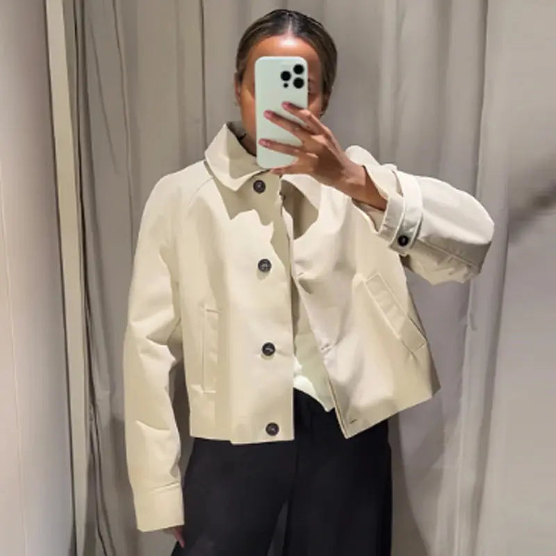 HXAO Waterproof Crop Jacket Women's Jacket Autumn 2025 Casual Beige Short Windbreaker Long Sleeve Outerwears Button Trench Coat Shakespare