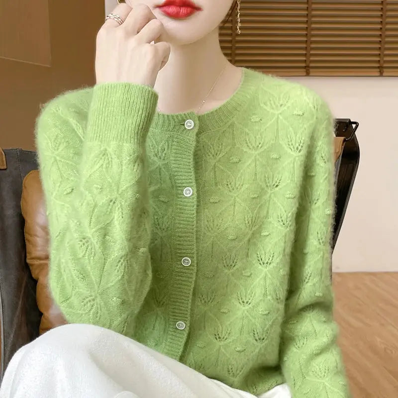 New Autumn Winter Women Basis Sweater Hollow Cardigan 100% Merino Wool Knitwear Female O-Neck Soft Casual Fashion Top Shakespare