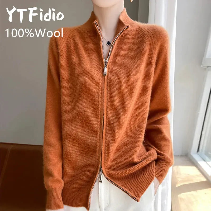 YTFidio 100% Wool Women Zipper Sweater Wool Knitting Sweater Turtleneck Zipper Cardigan Casual Loose Top Thickening Sweater 171 Shakespare