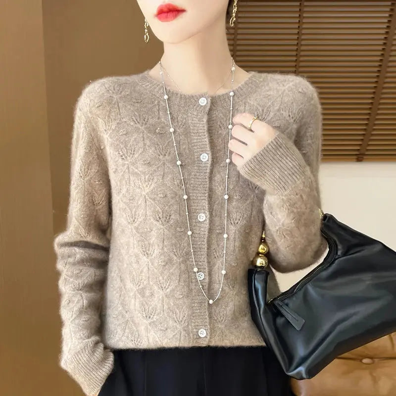 New Autumn Winter Women Basis Sweater Hollow Cardigan 100% Merino Wool Knitwear Female O-Neck Soft Casual Fashion Top Shakespare