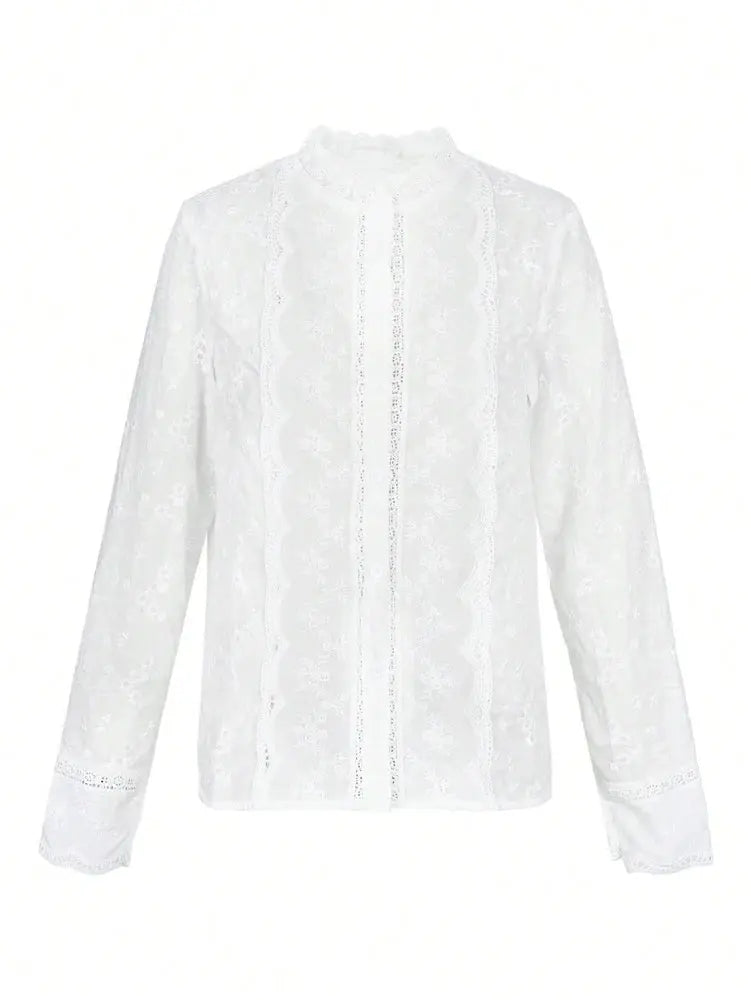 2025 Autumn New Arrivals Early Autumn New Arrivals Bohemian Style Openwork Embroidered Stand Collar Long-Sleeved Shirt Shakespare