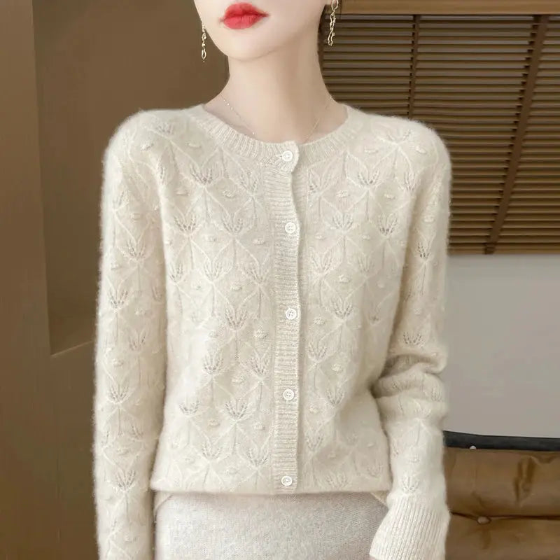 New Autumn Winter Women Basis Sweater Hollow Cardigan 100% Merino Wool Knitwear Female O-Neck Soft Casual Fashion Top Shakespare