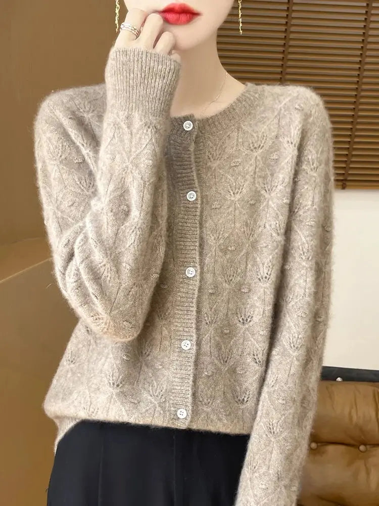 New Autumn Winter Women Basis Sweater Hollow Cardigan 100% Merino Wool Knitwear Female O-Neck Soft Casual Fashion Top Shakespare
