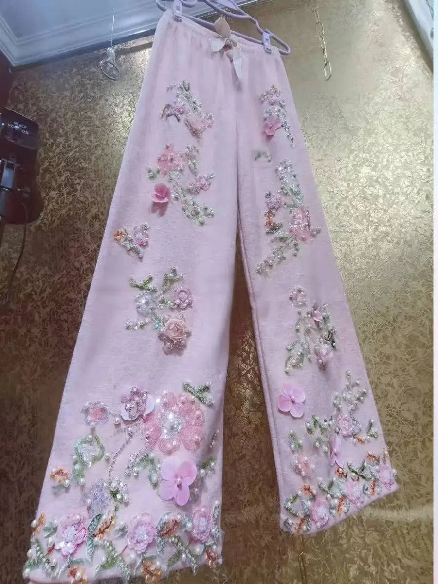 Thick Fleece Pant Heavy Industry Embroidered Flares Long Pants Women Trousers Winter Autumn Sweet Pink Pant Woman Clothing Shakespare